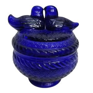 Vintage Dark Blue Kissing Love Birds Lidded  Nest Box Trinket Box Candy Dish